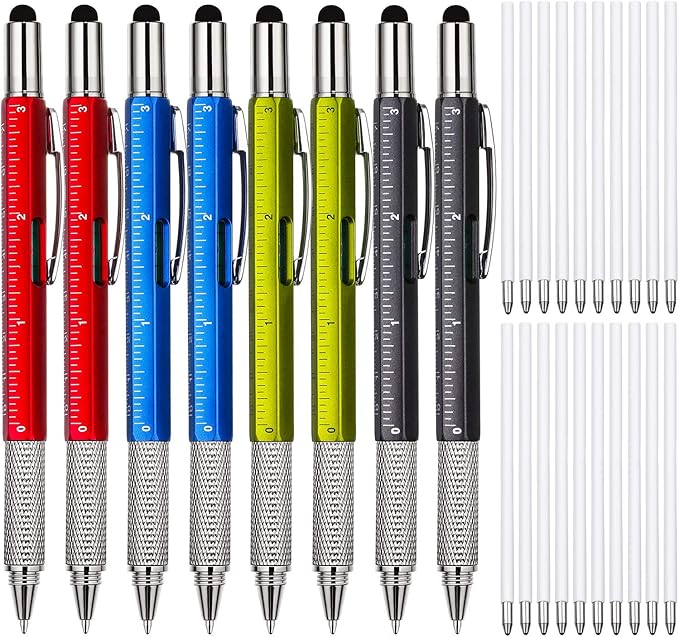 Zhanmai 8 Pcs Gift Pen for Men 6 in 1 Multitool Tool Pen with Refills Screwdriver, Ruler, Levelgauge,Fathers Christmas Graduation party Supplies(Red, Green, Blue, Gray)