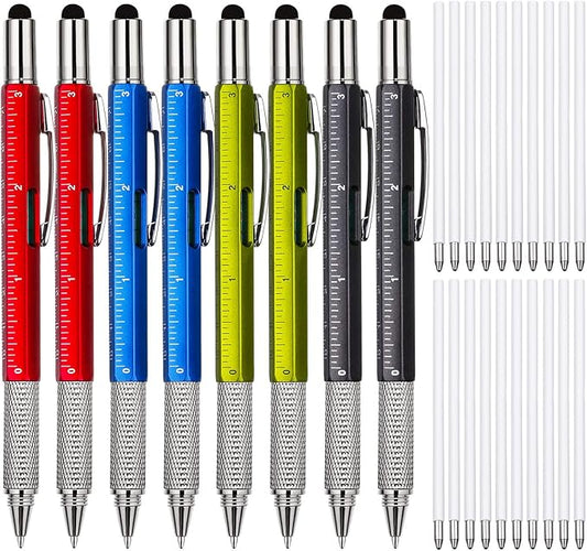 Zhanmai 8 Pcs Gift Pen for Men 6 in 1 Multitool Tool Pen with Refills Screwdriver, Ruler, Levelgauge,Fathers Christmas Graduation party Supplies(Red, Green, Blue, Gray)