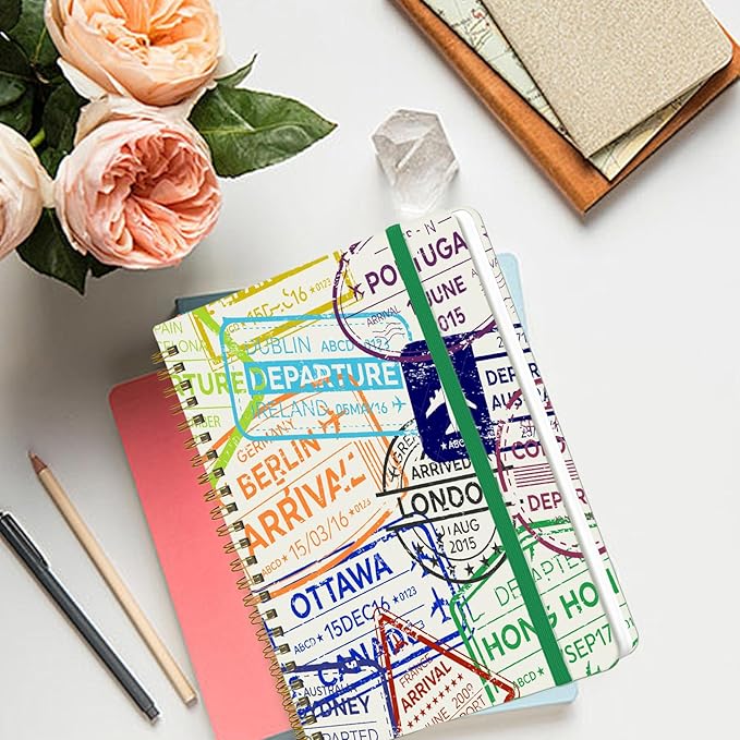 Spiral Notebook - A5 Spiral Notebooks, 8.3'' × 5.8'', 160 Pages, Aesthetic Journaling Notebooks for Women, College Lined Notebook with Elastic Closure, Back Pocket, for School Office, stampA