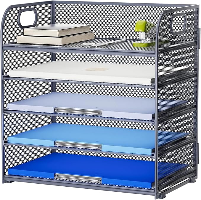 Marbrasse Paper Organizer Letter Tray, 5 Tier Mesh File Organizer with Handle, Paper Sorter Desk Organizer for Home Office Supplies - Grey