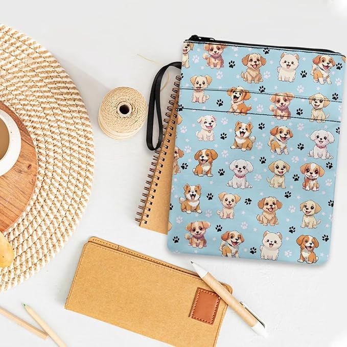 COEQINE Cute Dogs Book Covers For Soft Cover Books Teens Girls Blue Kawaii Dogs Paperbacj Large 9x11 Front Pocket for Phone Pencil Portable