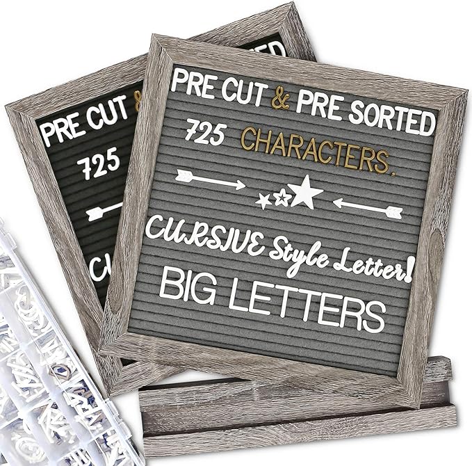 Double Sided Felt Letter Board with Letters - Pre Cut & Sorted 725 letters with Stand, Cursive Style Letters, Big Letters, Plastic Organizer, Tabletop Display, Rustic Farmhouse Wall Decor