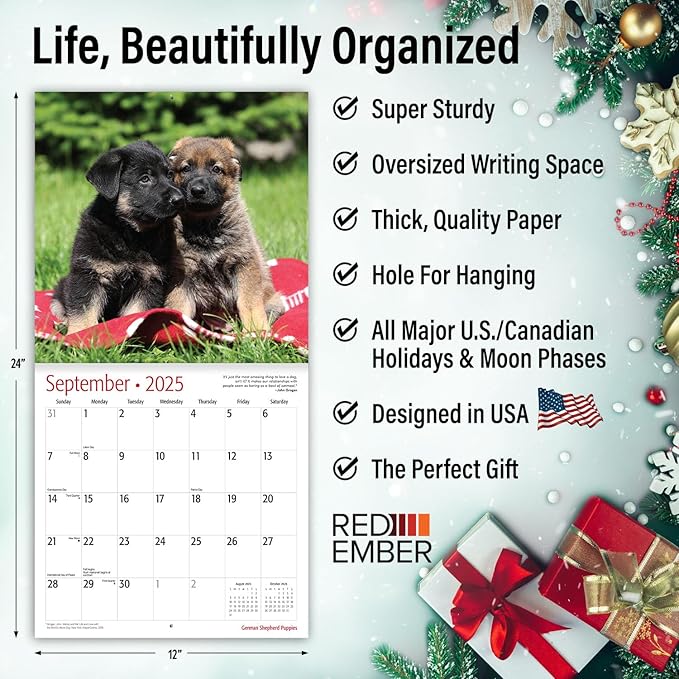RED EMBER German Shepherd Puppies 2025 Wall Calendar 12 Month | 12" x 24" Open | Thick & Sturdy Paper | Giftable | Calendar 2025