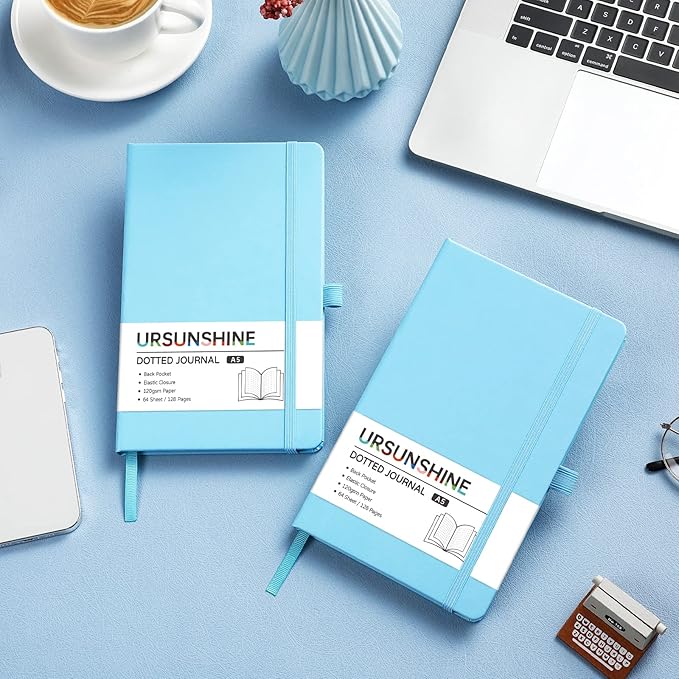 Dotted Journal/Notebook - Dot Grid Hard Cover Notebook, Premium Thick Paper with Fine Inner Pocket, Black Smooth Faux Leather, Pen Loop, 5.3'' x 8.26'' - Light Blue