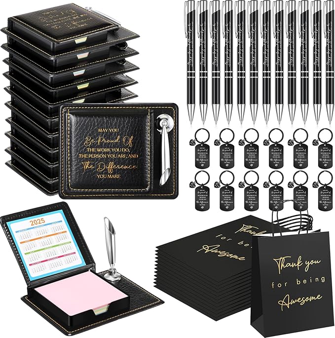 12 Set Employee Appreciation Gifts Bulk Inspirational Gifts Team Gift Bag PU Leather Notepad Holder with Pen Holder Team Keychain Ballpoint Pen Bulk Gifts for Colleagues Employees(Proud)