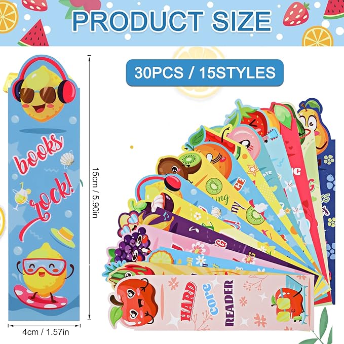 30 Pieces Fruit Paper Bookmarks,Inspirational Book Makers for Students Reading Lovers,Cute Book Page Marks for Kids Teens, Creative Page Clips for Game Prizes School Gifts(15 Styles,15x4cm)