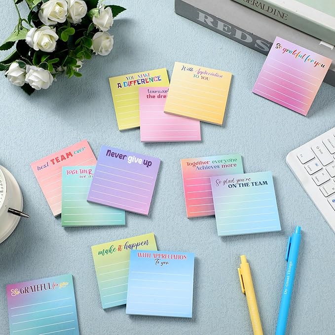 Yinder 24 Pcs Inspirational Sticky Notes with Lines Cute Motivational Sticky Notes Pad Employee Appreciation Gifts Bulk for Teacher Nurse Coworkers Office Supplies 3 x 3''(Classic Color,Thankful)