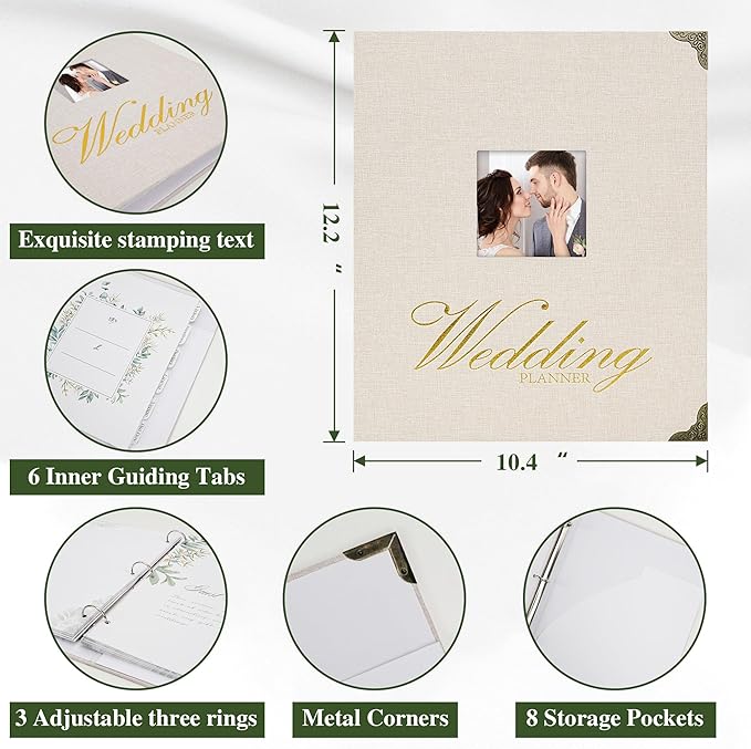 Vienrose Wedding Planner Book Set for the Bride, Gold Foil 'Wedding Planner' Linen Cover with Window Wedding Binder Includes Multiple Accessories Engagement Gifts for Women Wedding Planning Book