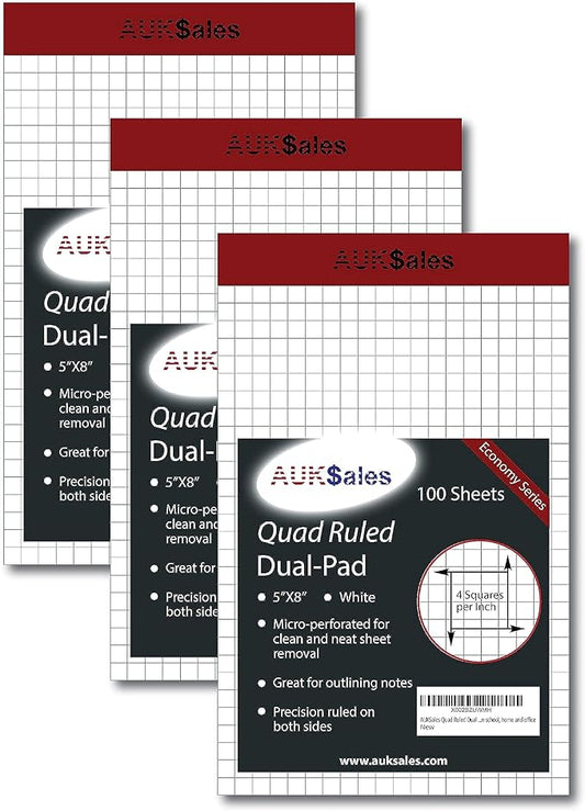 Grid Paper Pad 5x8 Inches – Graph Paper Pad 4x4, Grid Notepad, 3 Pack, 5x8 Graph Paper 1/4 Grid, Graphing Paper, Engineering Pad – 100 Sheets 200 Pages Perforated Pad for School, Home, & Office