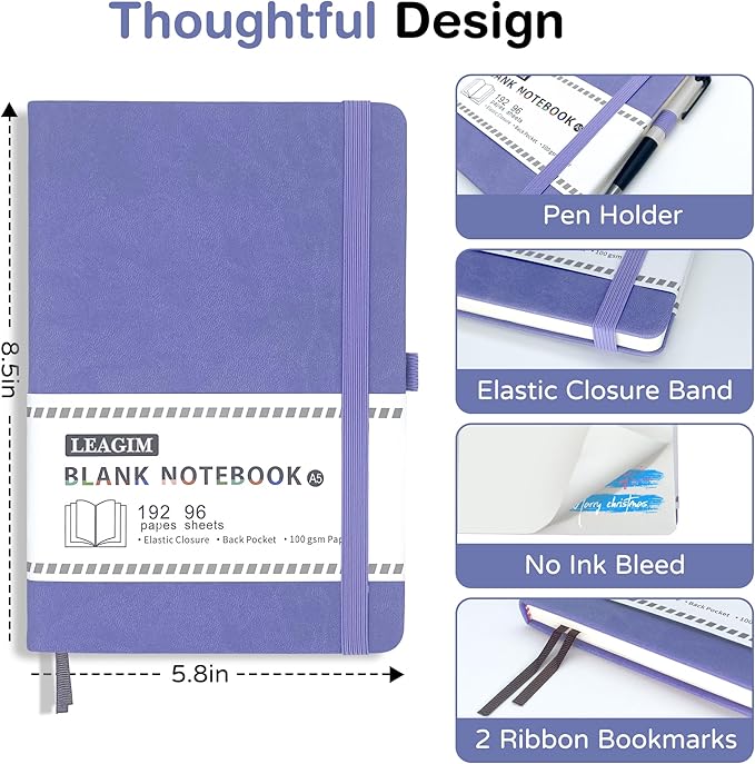 Blank Journal Notebook, A5, 192 Pages 100 GSM Thick Sketch Book for Women Men, Hardcover Leather Unlined Journaling for Work, Notebooks for Writing, 5.8 inches x 8.5 inches (Purple)