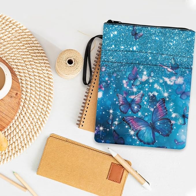 COEQINE Bling Butterfly Book Sleeve for Book Lovers Teens Girls Blue Covers Pouch for Paperbacks with Zipper Front Pocket Chain
