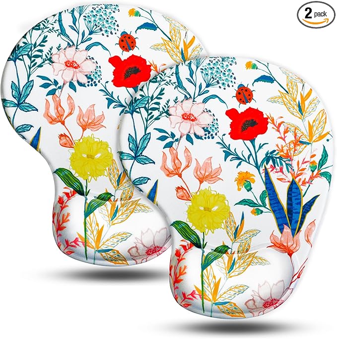JIKIOU Mouse Pad, 2 Pack Ergonomic Mouse Pads with Comfortable Gel Wrist Rest Support and Lycra Cloth, Non-Slip PU Base for Easy Typing Pain Relief Durable and Easy to Clean Small White Flowers