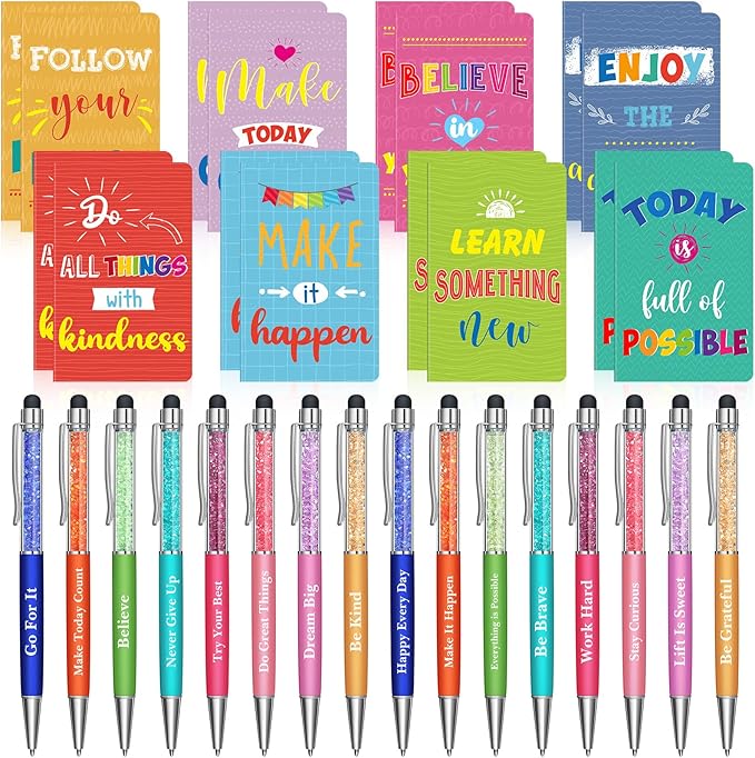 Funrous 32 Pcs Motivational Quote Pens Inspirational Notepads Mini Journal with Ballpoint Pen Small Notebooks Gift Set for Men Women Coworkers, Adult Party Favors Prizes Gift Bulk(Colorful)