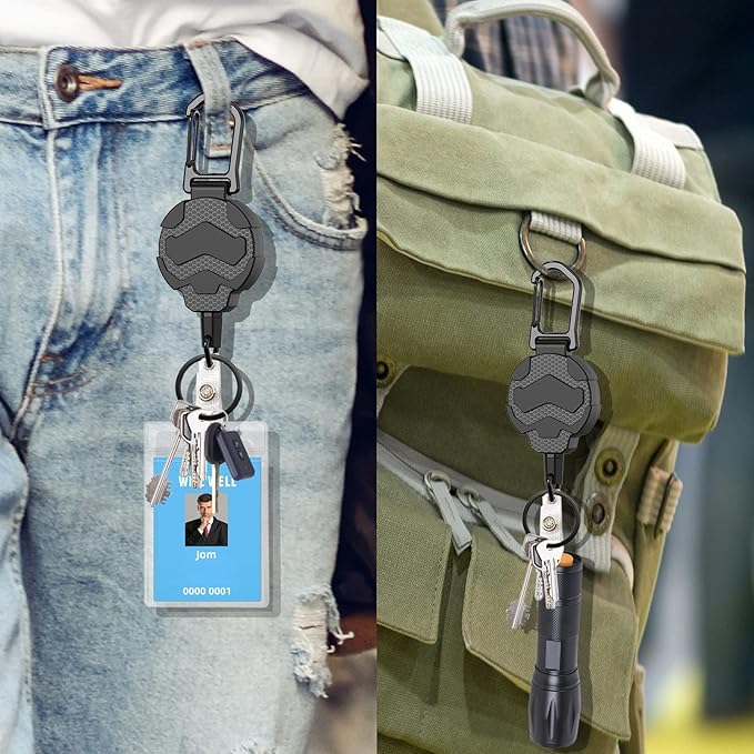 Retractable Keychain Badge Holder with Belt Clip, Heavy Duty Carabiner ID Badge Clip Reel, 32” Steel Retractable Cord, 10 oz Rebound，2pcs Black Keychain