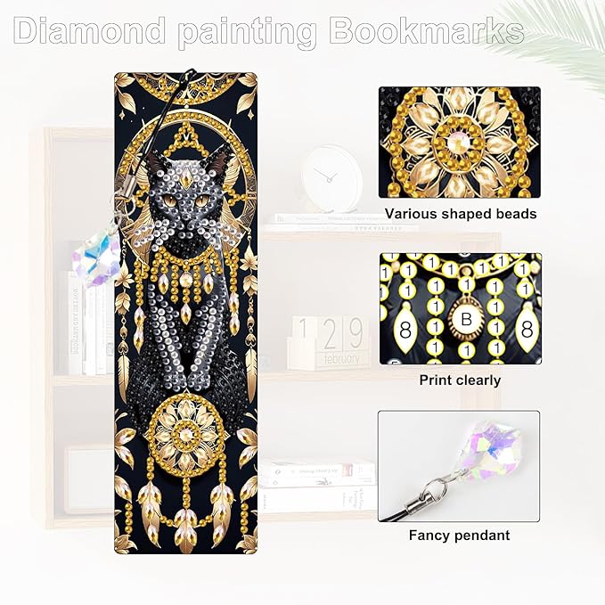 4-Piece Animal Diamond Painting Bookmarks Set for Adults – DIY 5D Rhinestone Art Bookmark Kits with Tassels, Beautiful Diamond Art Bookmarks for Crafts and Gifts, Dreamcatcher Cat