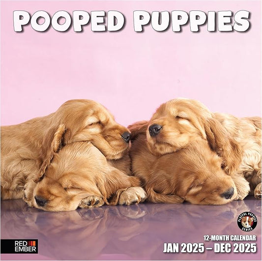 RED EMBER Pooped Puppies 2025 Wall Calendar 12 Month | 12" x 24" Open | Thick & Sturdy Paper | Giftable | Calendar 2025