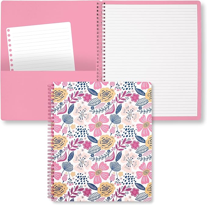 Steel Mill & Co Cute Large Spiral Notebook College Ruled, 11" x 9.5" with Durable Hardcover and 160 Lined Pages, Mosaic Floral
