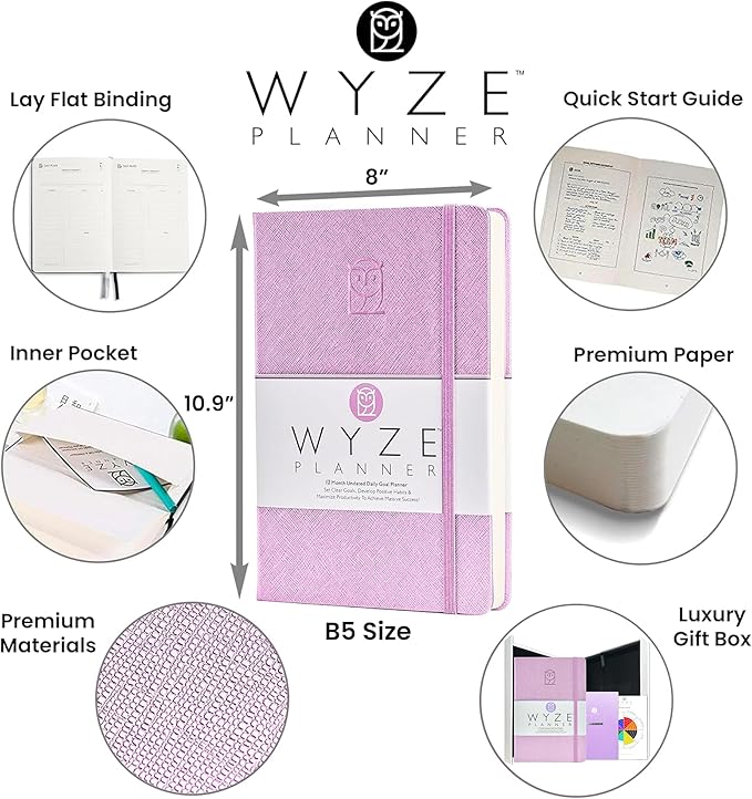 Pro - Goal Setting Planner to Increase Productivity and Achieve Personal and Business Goals. 12 Month Undated Daily, Weekly and Monthly Journal Organizer with Calendar (Lilac)