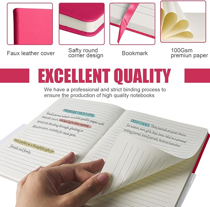 Lined Journal Notebook, 6Pack(Rose Red), 160 Pages, Medium 5.7 inches x 8 inches - 100 gsm Thick Paper, Hardcover