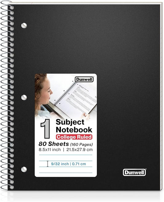 Dunwell College Ruled 1 Subject Notebook, 80 Sheets, Spiral Notebook with 8.5 x 11 Paper, Protective Plastic Cover, Divider with Pockets, Perforated Pages, 3-Hole Punched