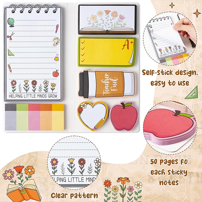 Retro Wildflowers Teachers Sticky Notes Set - Teacher Plant Seeds Self-Stick Note Pads Teacher Appreciation Notepads Writing Memo Pad Page Marker Back to School Office Supplies Thank You Gift