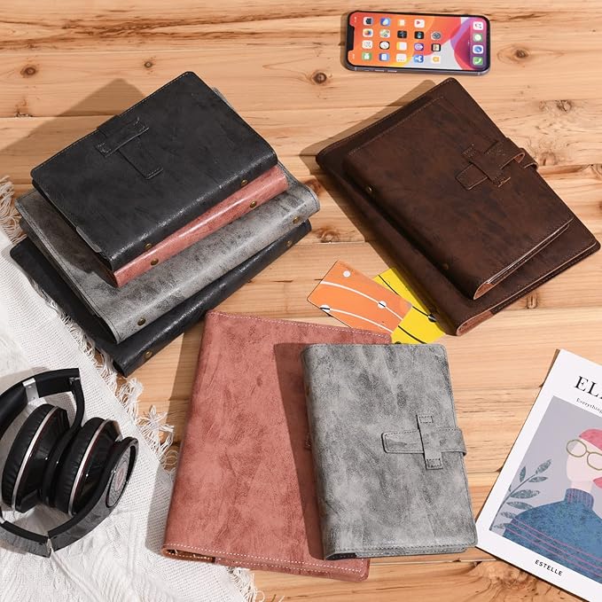 Wonderpool Leather Journal Refillable Binder A6 Writing Notebook Folder Organiser with Dotted Paper & Multi Pockets Cover for Business School Travel (A6, Grey)