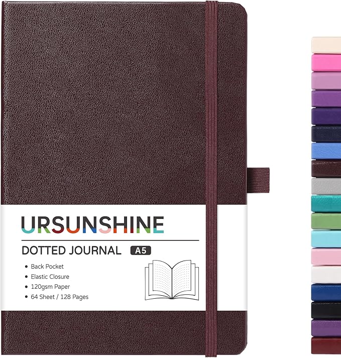 Dotted Journal/Notebook - Dot Grid Hard Cover Notebook, Premium Thick Paper with Fine Inner Pocket, Black Smooth Faux Leather, Pen Loop, 5.3'' x 8.26'' - Brown