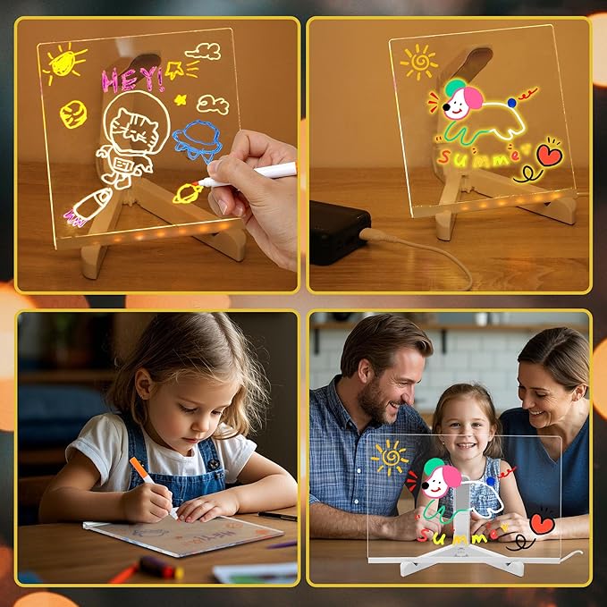 LED Note Board with Colors,LED Drawing Pad with 7 Color Pen,Light Up Acrylic Message Board with Adjustable Stand,Acrylic Dry Erase Board with Light for Office School Home,Gift for Kids(6"x6")