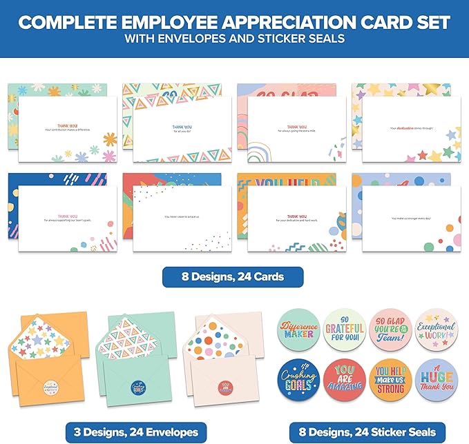 Decorably 24 Pack Gold-Foiled 6x4in Employee Appreciation Cards with Envelopes and Stickers, 8 Festive Designs Employee Thank You Cards, Blank Inside - Office Party