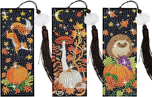 Anseal 3 Pcs 5D Thanksgiving Diamond Bookmarks Painting for Book Lovers, PU Leather Diamond Dotz Art Bookmark for Adults, Tassel Beaded Book Mark for Graduation Birthday Thanksgiving Reading Present