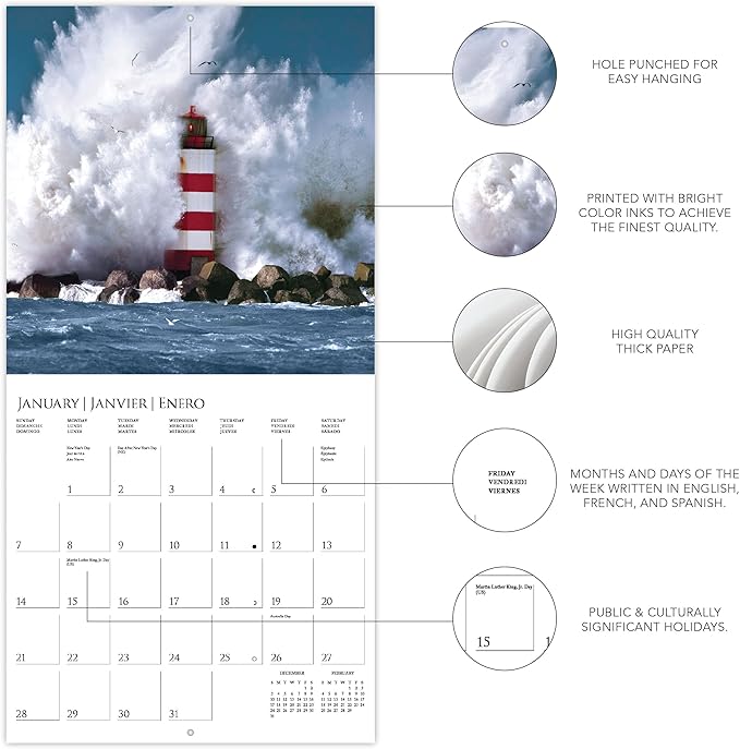 Graphique 2024 Lighthouses Wall Calendar | 12” x 12” | Thick Paper | Home & Office Organizer | Large Monthly Grid | 3 Languages & Marked Holidays | 4 Month Preview Page for 2025