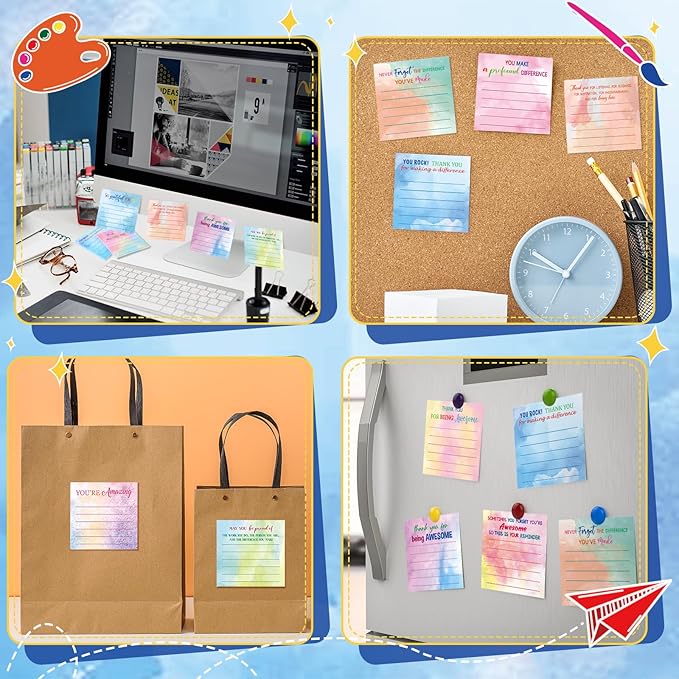 Yinder 24 Pcs Employee Appreciation Sticky Notes Thank You Gifts Bulk Note Pads with Sayings Teacher Gift Mini Pocket Inspirational Notepads for Coworker Office Supply 3 x 3''(Watercolor,Thanks)