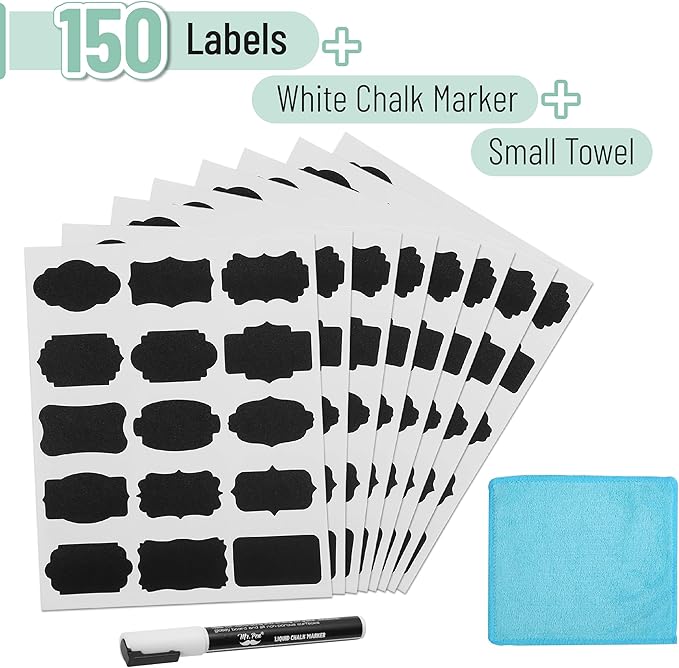 Mr. Pen- Chalkboard Labels, 150 pcs, Assorted Shapes, 1 White Chalk Marker and Small Towel, Labels, Label Stickers, Labels for Storage Bins, Sticker Labels, Bottle Labels, Food Labels, Jar Labels