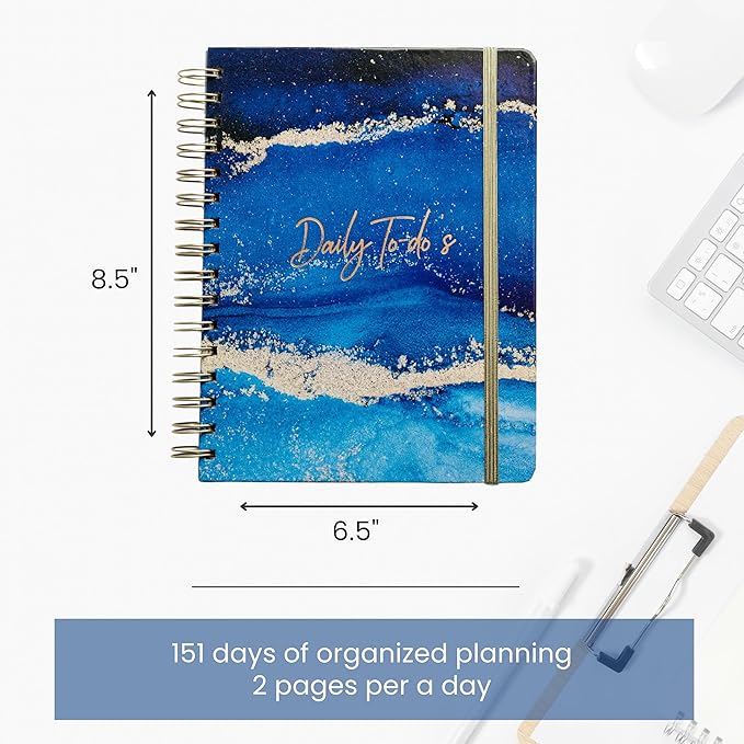 Paper 'n Such Undated Daily Planner, Spiral To Do List Notebook to Organize Your Daily Tasks and Agendas (6.5x8.5), School Or Office Supplies for Women & Men - Dark Blue