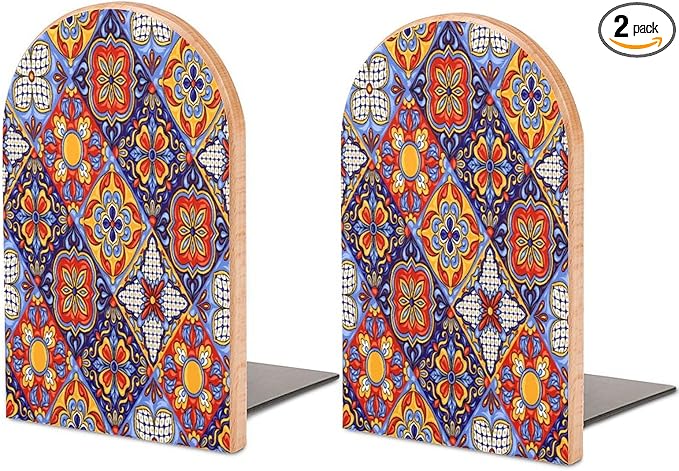 2 Pack Wood Bookends, Mexican Talavera Tile Mandala Non-Skid Book Ends for Heave Books, Decorative Bookends for Shelves Desk, Book Stoppers Book Holders for Home Office Library School
