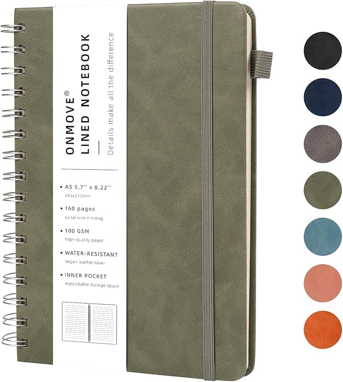 Lined Spiral Notebook Journal for Women Men 160 Pages A5 College Ruled Hardcover Leather with Pen Holder Notebook Journals for Note Taking Work Green