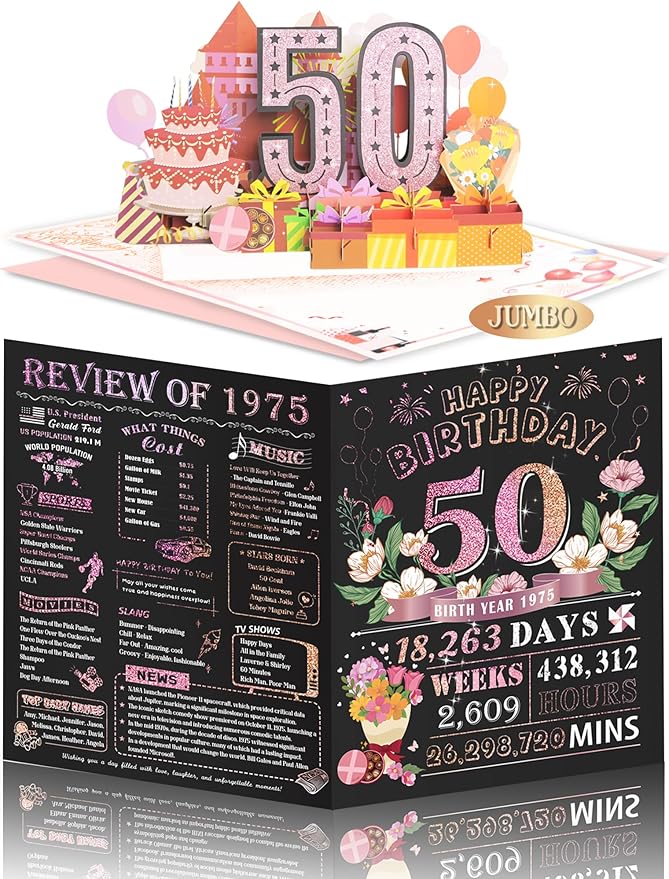 50th Birthday Card for Women Mom, Jumbo 3D Pop Up 50th Valentines Day Gifts Card for Wife Her, Happy 50th Birthday Decorations for 50 Year Old Women Funny Birthday Gifts, Review of 1975, Pink
