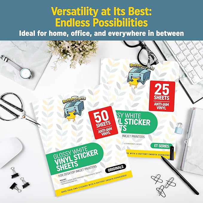 Printable Vinyl - Sticker Paper for Inkjet Printer for Epson (50 Sheets, 8.5" x 11", Anti Jam) - Glossy Printable Sticker Paper - Inkjet Printable Waterproof Sticker Paper - Make Labels and Decal