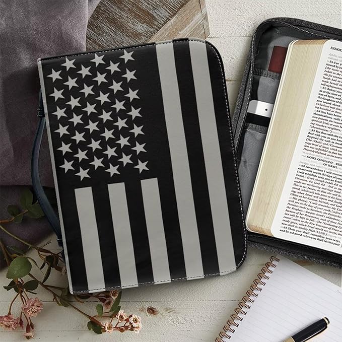 Lotusorchid American Flag Printed Leather Bible Cover for Women Size Large Bible Case with Handle and Zipper, Church Protector Bible Bags