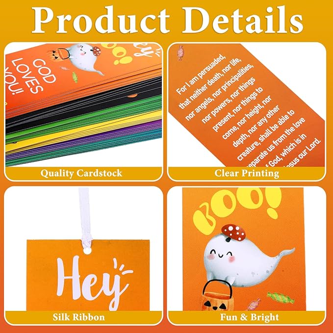 60 Pcs Halloween Bookmark Hey Boo God Loves You Bookmark Romans 8: 38-39 Ghost Christian Bookmarks VBS Exchange Gifts for Kids Adult Church School Classroom Prizes Party Favors