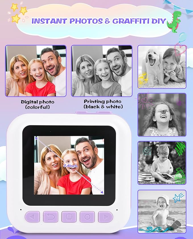 Instant Print Camera, Birthday Day Gifts for Kids Girls Boys, 1080P HD Digital Video Kids Camera, Girls Toys Age 4 5 6 7 8 9 10 Years Old with 32GB SD Card, Purple