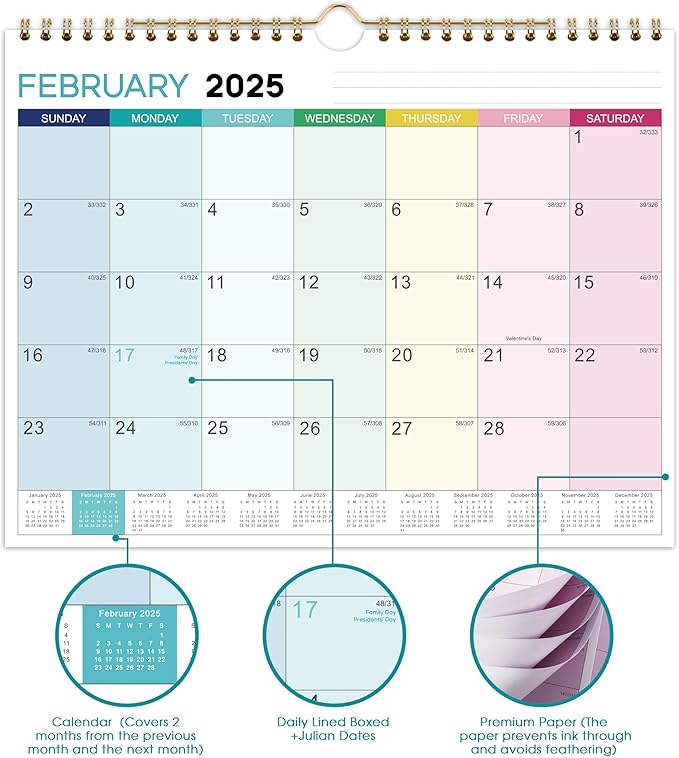 2025 Wall Calendar - 12 Month Hanging Calendar, January 2025 - December 2025, 11 x 8.5 inches, Julian Dates, Colorful Design, Suitable for Hanging on the Wall, Suitable for School Home Office Planning Organizing