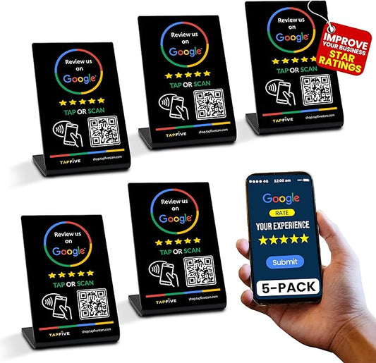 Tap Google Review Stands (5-Pack) Tap for Instant Reviews - All Phones Compatible - Reusable Smart Tap NFC & QR - Boost Business Reviews Zappy Fast - Powered (Black, 5 Stands)