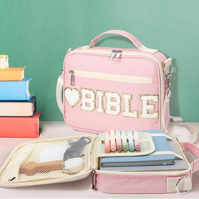 Silkfly Large Chenille Letter Bible Cover for Women Preppy Patch Bible Case Church Bible Bag with Handle(Pink)