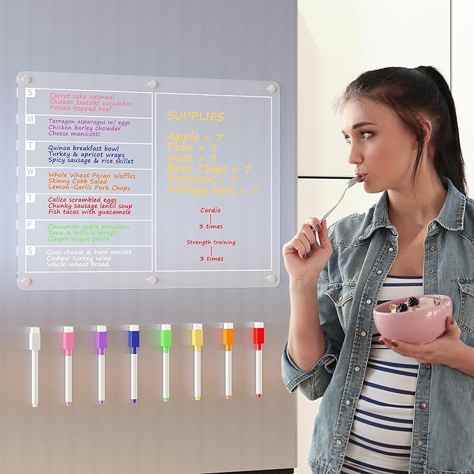 Acrylic Magnetic Meal Planner Menu Board for Kitchen Fridge w/ 8 Markers, Clear Refrigerator Weekly Dry Erase Calendar Planning Noteboard to Do/Grocery/Shopping List/Chore Chart/, 15 x 11"