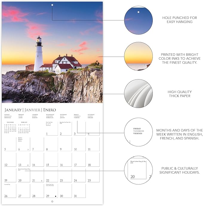 Graphique 2025 Lighthouses Wall Calendar | 12” x 12” | Thick Paper | Home & Office Organizer | Large Monthly Grid | 3 Languages & Marked Holidays | 4 Month Preview Page for 2026