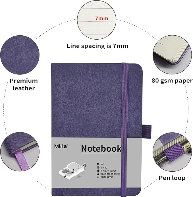 A6 Small Journal Notebook, Lined Pocket Notebook with Pen Holder, Mini Notebook Hardcover, 192 Pages, 3.9 inches * 5.5 inches Jurnal for Women and Man (Purple)