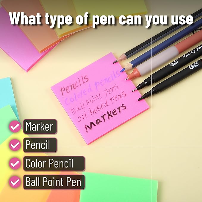 Mr. Pen- Plastic Sticky Notes, 3”x3”, 12 Pads, 600 Sheets, Vivid Palette Sticky Notes, Sticky Note, Self-Stick Note Pads, Sticky Pads Sticky Notes Aesthetic, Colorful Sticky Notes Bulk Sticky Notes