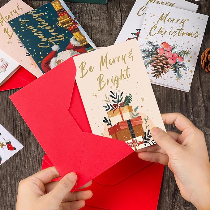 Christmas Cards Assortment, 24 Holiday Cards with Red Envelopes, Greeting and New Years Cards with 6 Designs for Christmas, Holiday, New Year Gift (4x6 Inch)