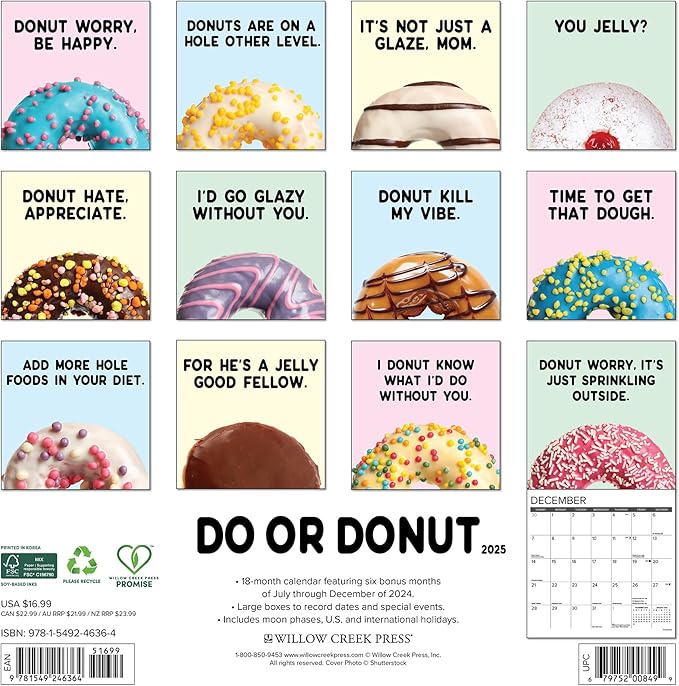 Willow Creek Press Do or Donut Monthly 2025 Wall Calendar (12" x 12")